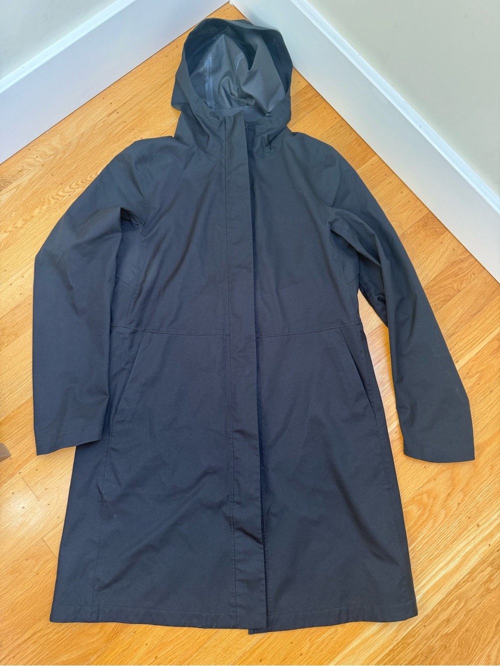 Uniqlo Black Blocktech Hooded Long Trench Jacket, size medium